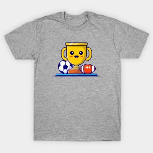 Cute Sport Trophy with Soccer Ball and Rugby Cartoon Vector Icon Illustration T-Shirt